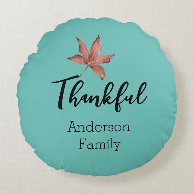 Autumn Fall Maple Leaf  Blue Thankful Family Round Cushion (Front)