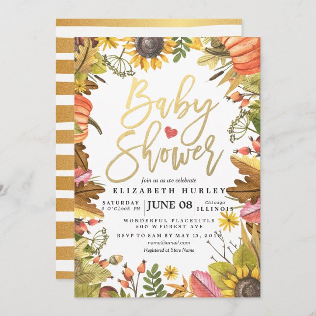 Autumn Fall Maple Leaves Pumpkin Baby Shower Cards (Front/Back)