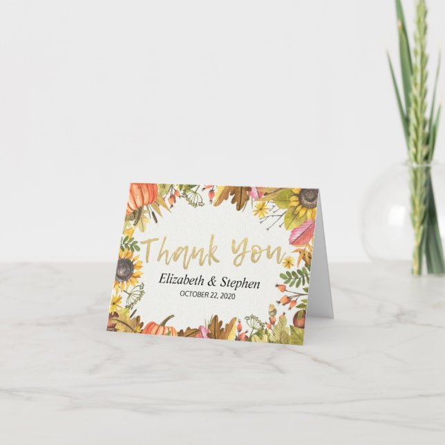 Autumn Fall Maple Leaves Pumpkin Wedding Thank You Card (Front)