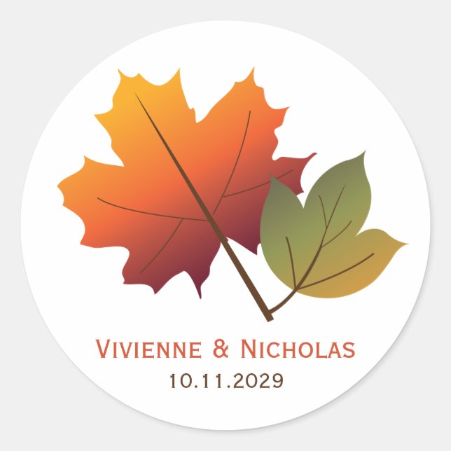 Autumn Fall Maple Leaves Rustic Wedding Party Classic Round Sticker (Front)