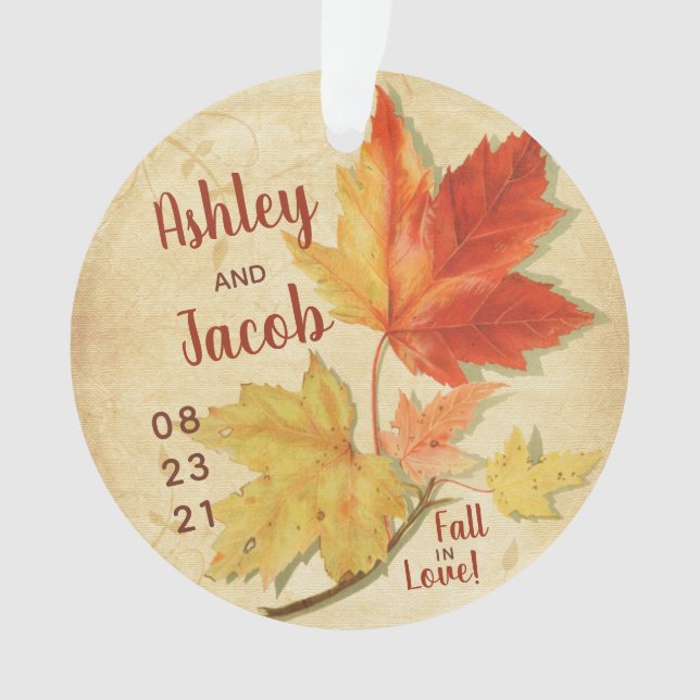 Autumn Fall Maple Leaves Wedding Favour Save Date Ornament (Front)