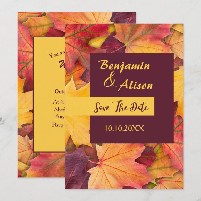 Autumn fall maple leaves wedding save the date invitation (Front/Back)
