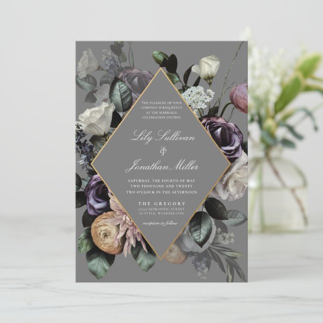 Autumn Fall Moody Floral Frame Purple Grey Wedding Invitation (Standing Front)