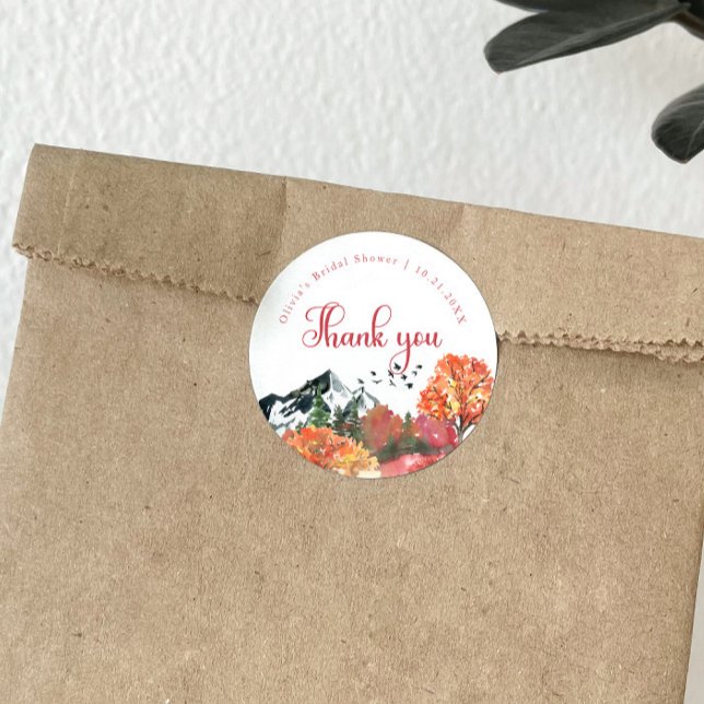 Autumn Fall Mountain Forest Bridal Shower Classic Round Sticker (Creator Uploaded)