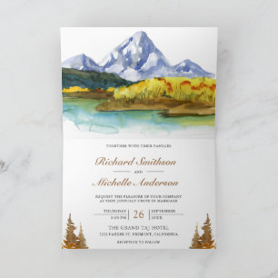 Autumn Fall Mountain Forest Lake QR Code Wedding Invitation
