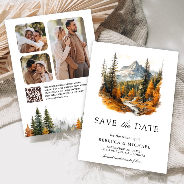 Autumn Fall Mountain Forest Photo QR Code Wedding Save The Date (Creator Uploaded)