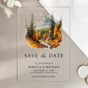 Autumn Fall Mountain Forest Wedding Save the Date Acrylic Invitations