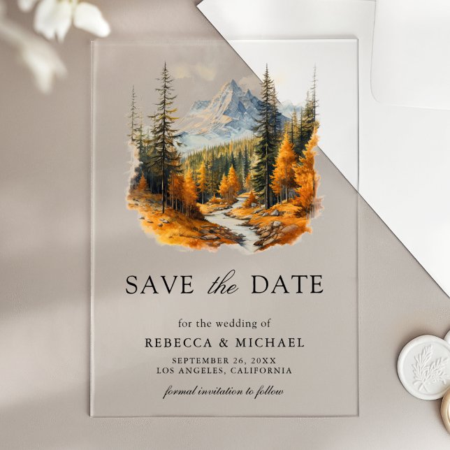 Autumn Fall Mountain Forest Wedding Save the Date Acrylic Invitations (Creator Uploaded)