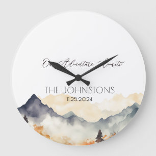 Autumn Fall Neutral Watercolor Mountain Couple Large Clock