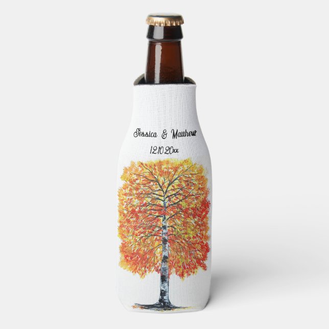 Autumn Fall Orange Leaves Birch tree Wedding Bottle Cooler (Bottle Front)