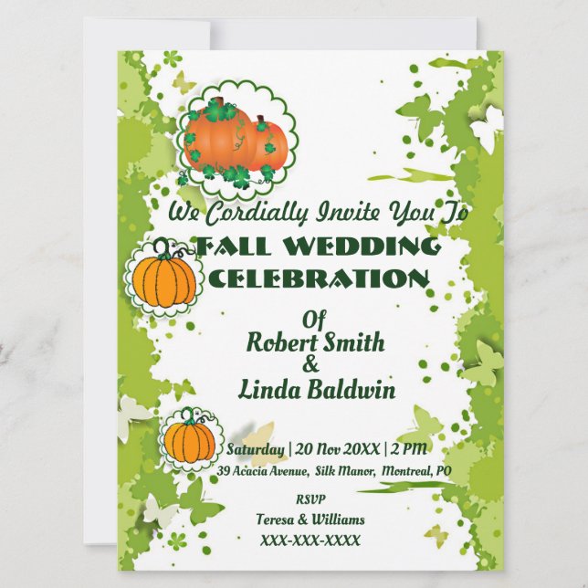 Autumn Fall Orange Pumpkin Green Wedding  Invitation (Front)