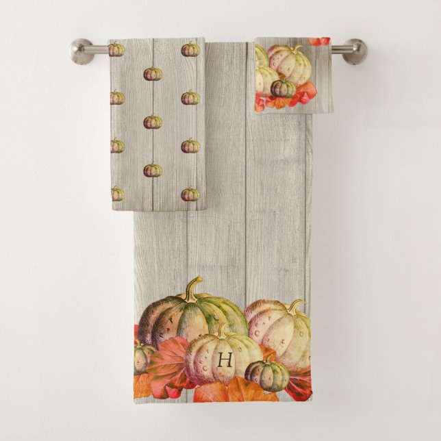 Autumn Fall Orange Pumpkin Rustic Cute Wood Bath Towel Set (Insitu)