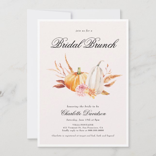 Autumn Fall Pumpkin Elegant Feminine Bridal Brunch Invitation (Front)