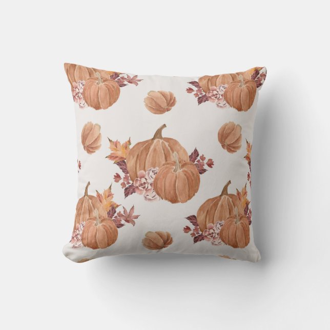Autumn Fall Pumpkin Floral Watercolor Cushion (Front)
