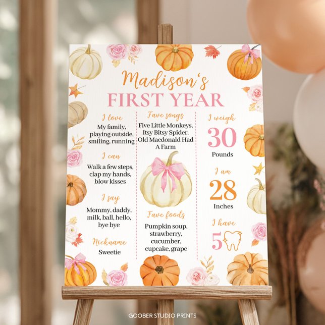 Autumn Fall Pumpkin Girl 1st Birthday Milestone Poster (Creator Uploaded)