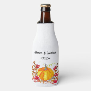Autumn Fall Pumpkin Leaves Watercolor Wedding Bottle Cooler