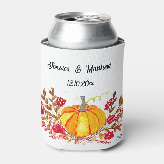 Autumn Fall Pumpkin Leaves Watercolor Wedding Can Cooler (Can Front)
