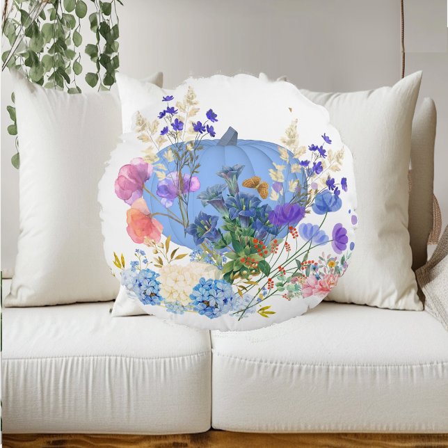 Autumn Fall Pumpkin Pastel Blue Botanical Floral Round Cushion (Autumn Fall Pumpkin Pastel Blue Botanical Floral Round Pillow)