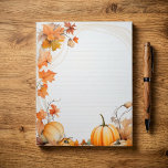 Autumn / Fall pumpkins and leaves lined note pad<br><div class="desc">This autumn themed lined notepad features a beautiful border of hand painted style pumpkins and swirling fall leaves in warm shades of orange. The evenly lined paper, in a soft orange hue, provides the perfect backdrop for letter writing, note taking, or organising to do lists with seasonal flair. Ideal for...</div>