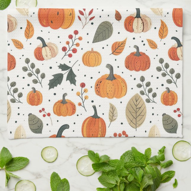 Autumn Fall Pumpkins & Leaves Kitchen | Holiiday Tea Towel (Folded)