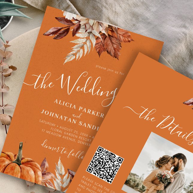 Autumn fall QR code botanical rust orange wedding Invitation (Creator Uploaded)