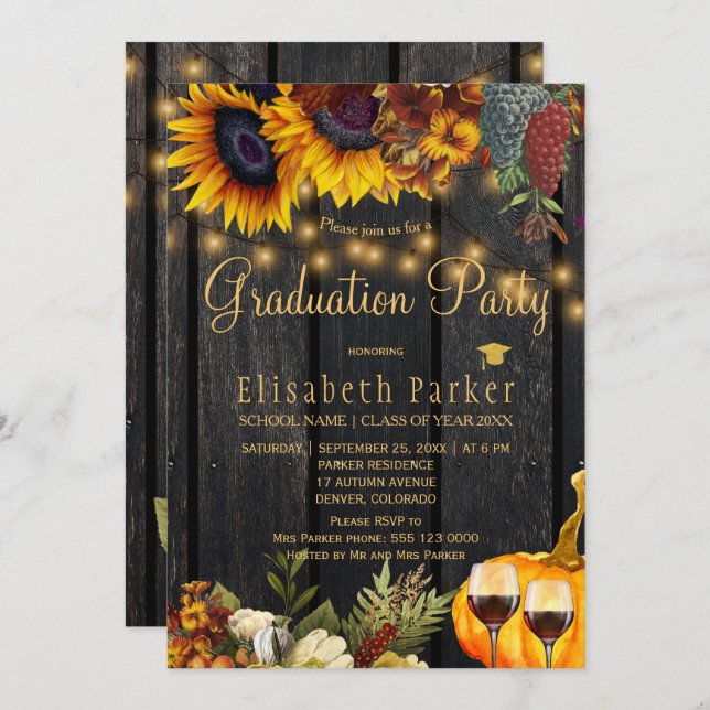 Autumn fall rustic floral wood graduation party invitation (Front/Back)