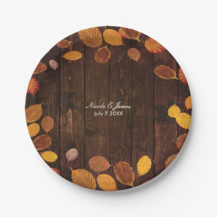 Autumn Fall Rustic Golden Leaves on Wood Wedding Paper Plate