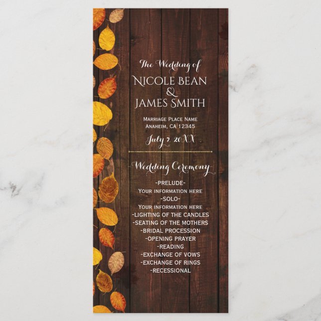 Autumn Fall Rustic Golden Leaves Wedding Program (Front)