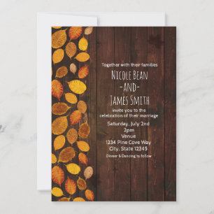 Autumn Fall Rustic Golden Leaves & Wood Wedding Invitation