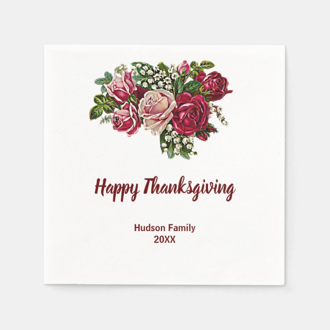 Autumn Fall Rustic Maroon Roses Thanksgiving  Napkin (Front)