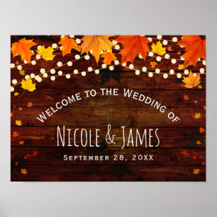 Autumn Fall Rustic Wood & String Lights Wedding Poster