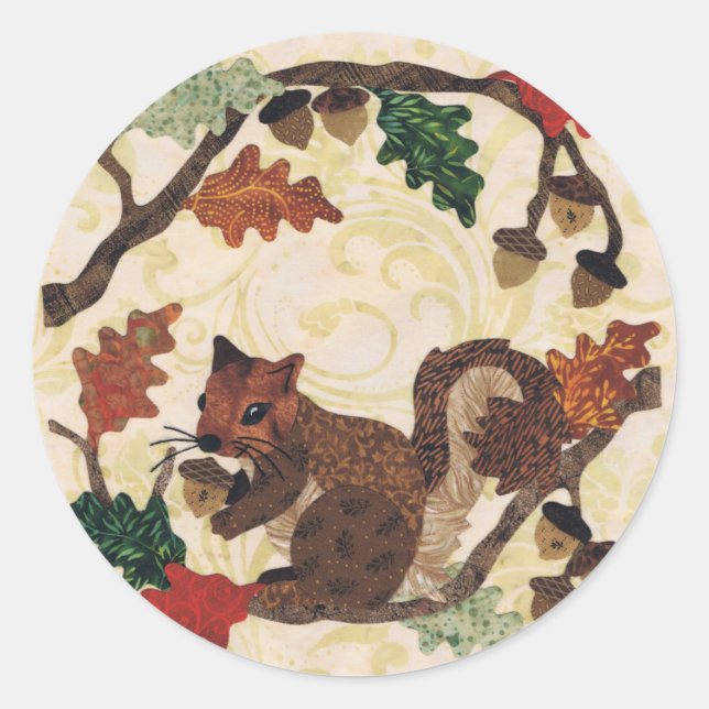 Autumn Fall Squirrel Rustic Floral Leaves Elegant Classic Round Sticker (Front)