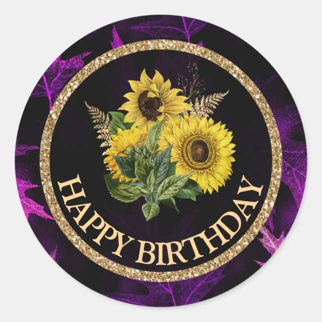 Autumn Fall sunflowers Happy Birthday Classic Round Sticker (Front)