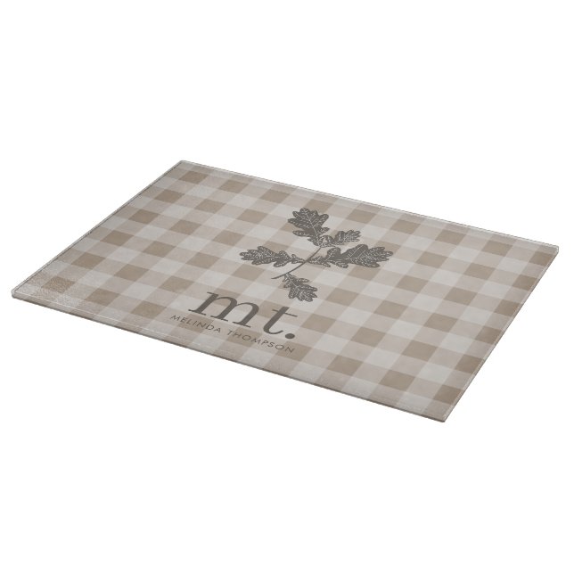Autumn Fall Taupe Plaid Modern Foliage Monogram Cutting Board (Corner)