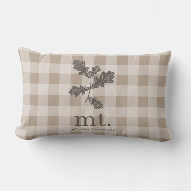 Autumn Fall Taupe Plaid Modern Foliage Monogram Lumbar Cushion (Front)
