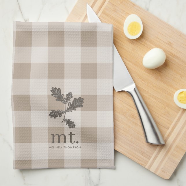 Autumn Fall Taupe Plaid Modern Foliage Monogram Tea Towel (Quarter Fold)