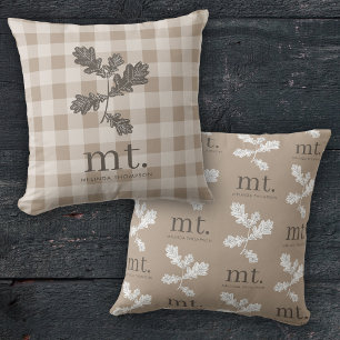 Autumn Fall Taupe Plaid Modern Monogram Initials  Cushion