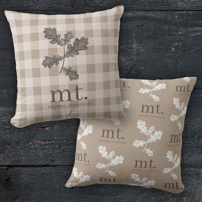 Autumn Fall Taupe Plaid Modern Monogram Initials  Cushion (Autumn Fall Taupe Plaid Modern Monogram Initials Throw Pillow)