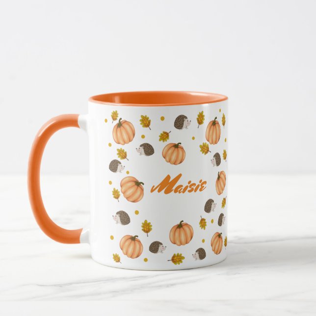 Autumn Fall Thanksgiving Hedgehogs and Pumpkins Mug (Left)