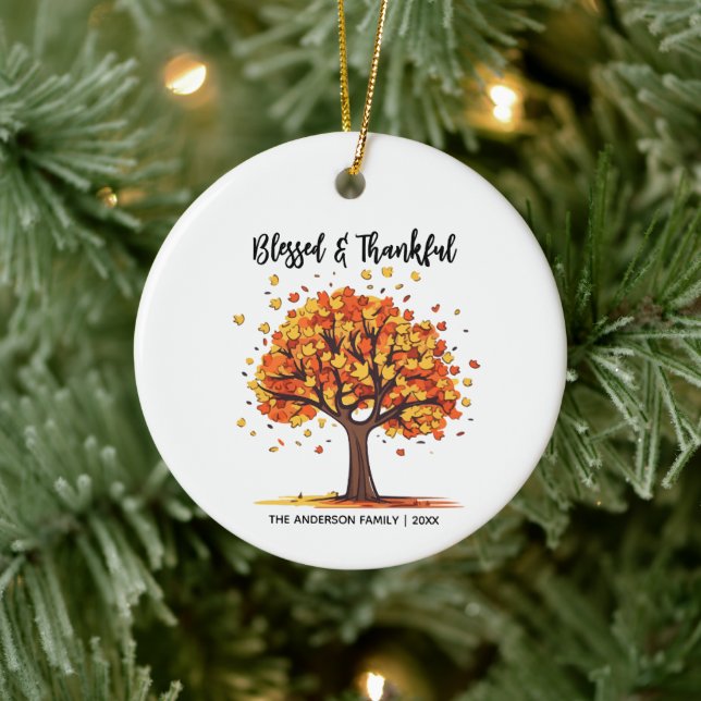 Autumn Fall Tree Happy Thanksgiving Blessed Ceramic Ornament (Tree)