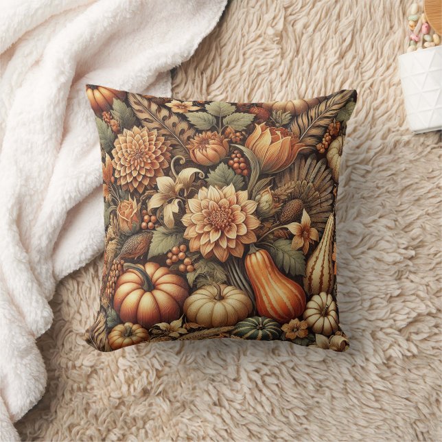 Autumn Fall Vintage Floral Thanksgiving Pumpkin  Cushion (Blanket)