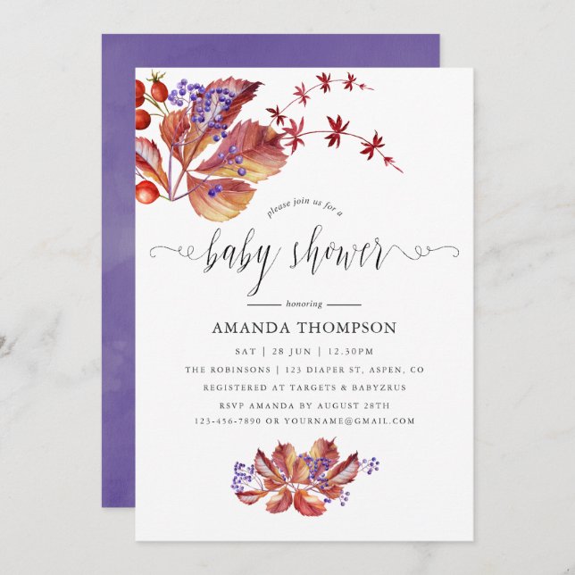 Autumn - Fall Watercolor Baby Shower Invitation (Front/Back)