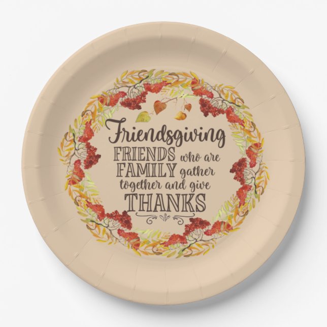 Autumn Fall Watercolor Berry Leaves Friendsgiving Paper Plate (Front)