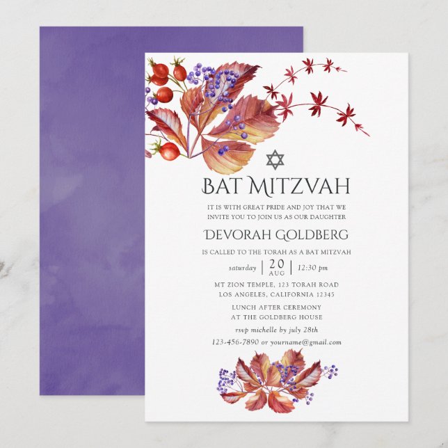 Autumn - Fall Watercolor Leaves Bat Mitzvah Invitation (Front/Back)