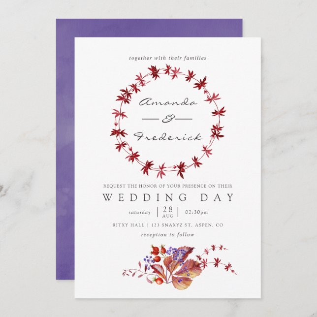 Autumn - Fall Watercolor Wedding Invitation (Front/Back)
