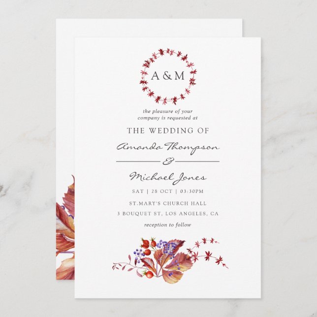Autumn - Fall Watercolor Wedding Invitation (Front/Back)