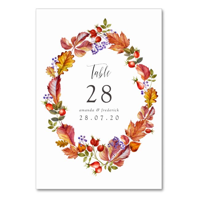 Autumn - Fall Watercolor Wedding Table Number (Front)