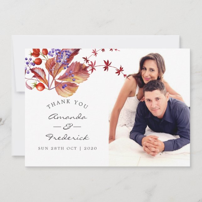 Autumn - Fall Watercolor Wedding Thank You photo Card (Front)