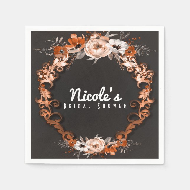 Autumn Fall Wedding Orange Floral Flowers Elegant Napkin (Front)
