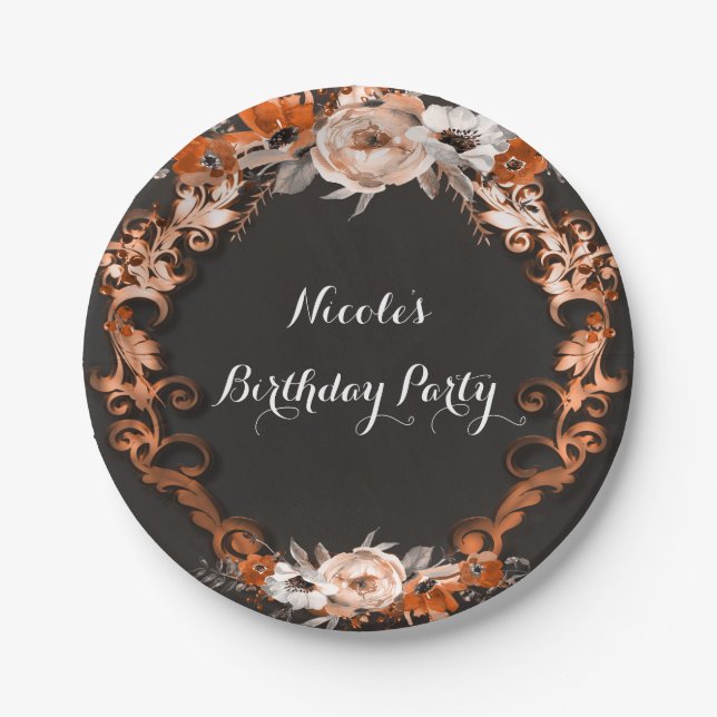 Autumn Fall Wedding Orange Floral Flowers Elegant Paper Plate (Front)